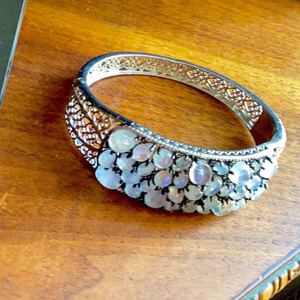 Moonstone 🌙 🌚 and white topaz sterling silver bangle bracelet ,!  Gorgeous